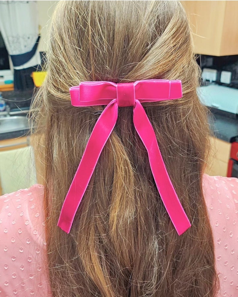 Fushia Pink Velvet Long Tail Bow Ribbon Hair Bows Alligator Clip Girls