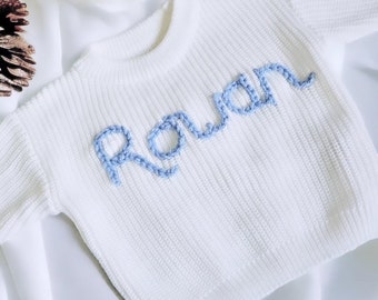 Personalised children's baby embroidered white oversized jumper name knit keepsake baby gift baby shower name reveal