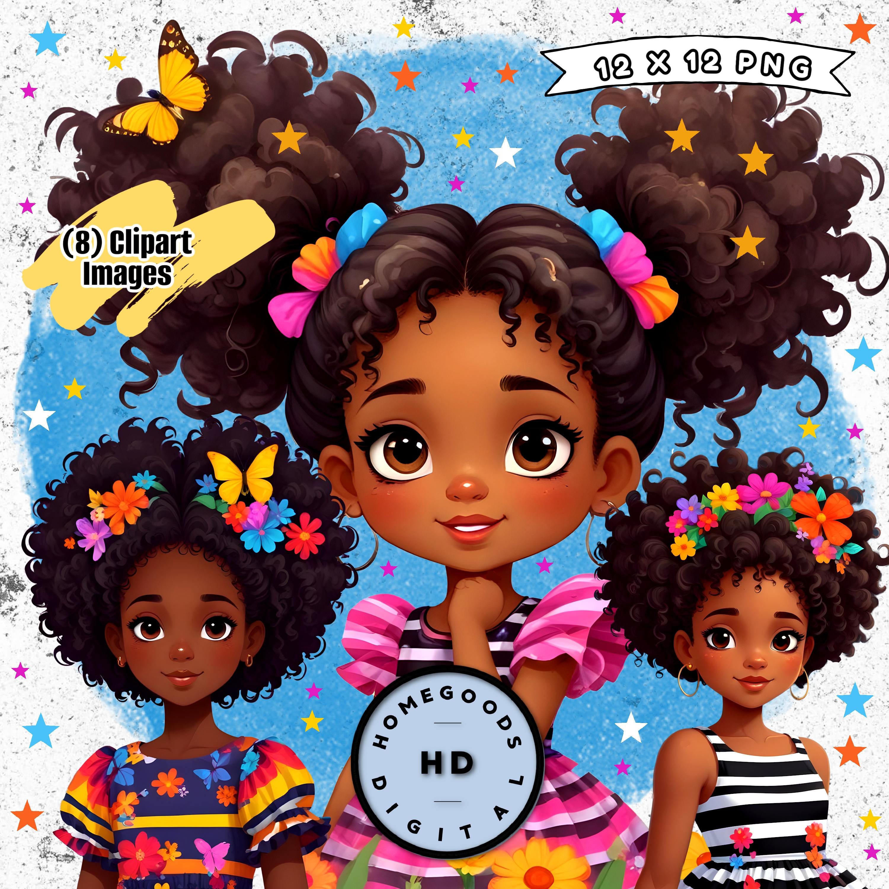 8 Cute Little Black Girl Clipart Bundle PNG Afro Instant Digital ...