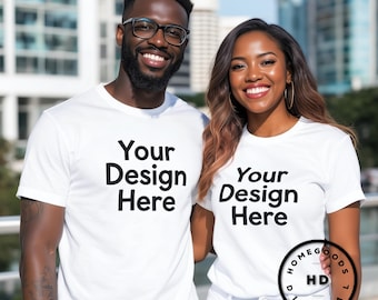 Maqueta de camiseta para parejas, maqueta de camiseta blanca: Bella Canvas 3001, modelo afroamericano (descarga JPG, PNG)