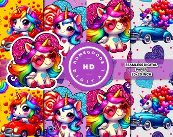 Op de afbeelding: Vier digitale papierontwerpen met kleurrijke regenboogunicorns met harten, snoepjes en ballonnen. Elk ontwerp is 20x20 inch.