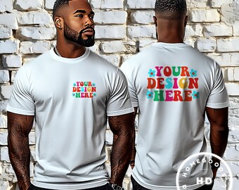Maquette de t-shirt Bella Canvas 3001 : homme afro-américain, recto et verso (téléchargement numérique)