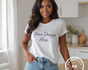 Bella Canvas 3001 White T-Shirt Mockup: African American Model (Digital Download JPG/PNG/PSD File)
