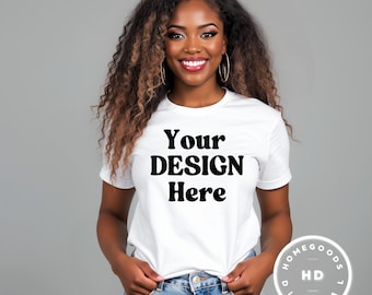 Bella Canvas 3001 White T-Shirt Mockup: Black Girl Model (JPG & PNG Digital Download)