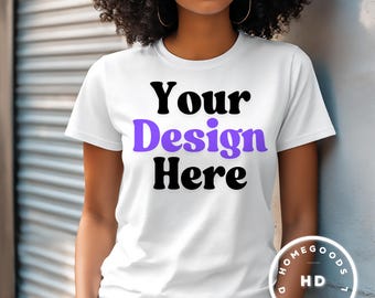 White T-Shirt Mockup: African American Model, Bella Canvas 3001 (Digital Download)