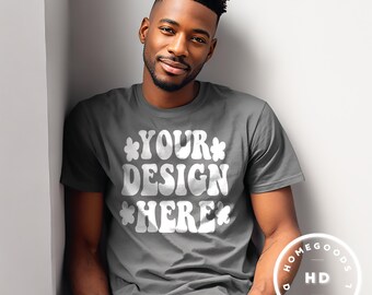 Maqueta de camiseta Asphalt Bella Canvas 3001: Hombre afroamericano (Descarga digital)