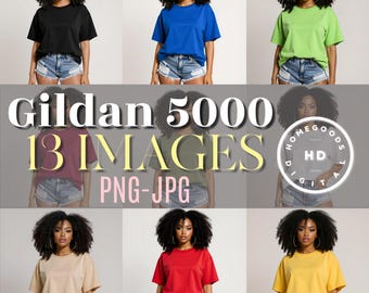 Gildan 5000 T-Shirt Mockup Bundle: Black Woman Model (Digital Download, 13 JPG & PNG Files)
