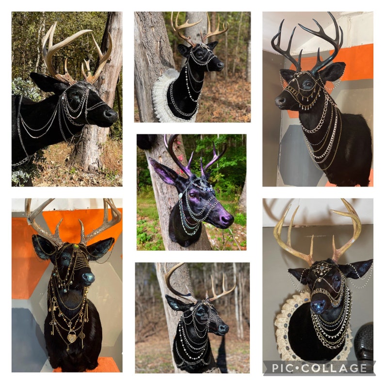 Puede incluir: Un collage de nueve im&aacute;genes que muestran cabezas de ciervos disecadas adornadas con cadenas y joyas elaboradas. Cada cabeza de ciervo est&aacute; decorada con un estilo diferente de cadena y joyas, creando una exhibici&oacute;n &uacute;nica y llamativa.