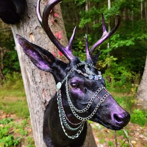 Puede incluir: Una cabeza de ciervo negra con pintura iridiscente p&uacute;rpura, adornada con una diadema de cadena de plata y cristal. La cabeza de ciervo est&aacute; montada en un tronco de &aacute;rbol.