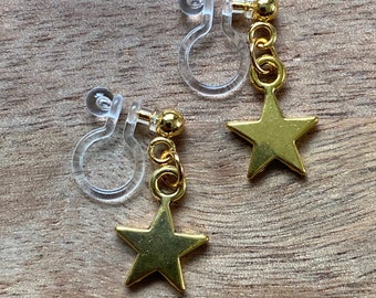 Dangling invisible clip on earrings (no piercing no pierce) with star pendants