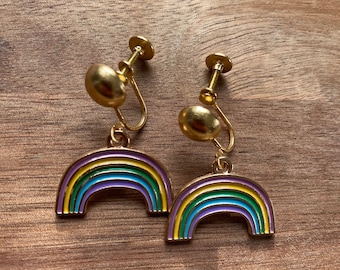 Dangling enamel rainbow clip on earrings (screw back, screw on).