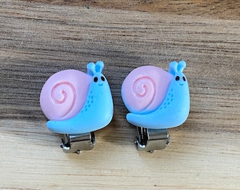 Clip on snail earrings, small pastel snail ear clips