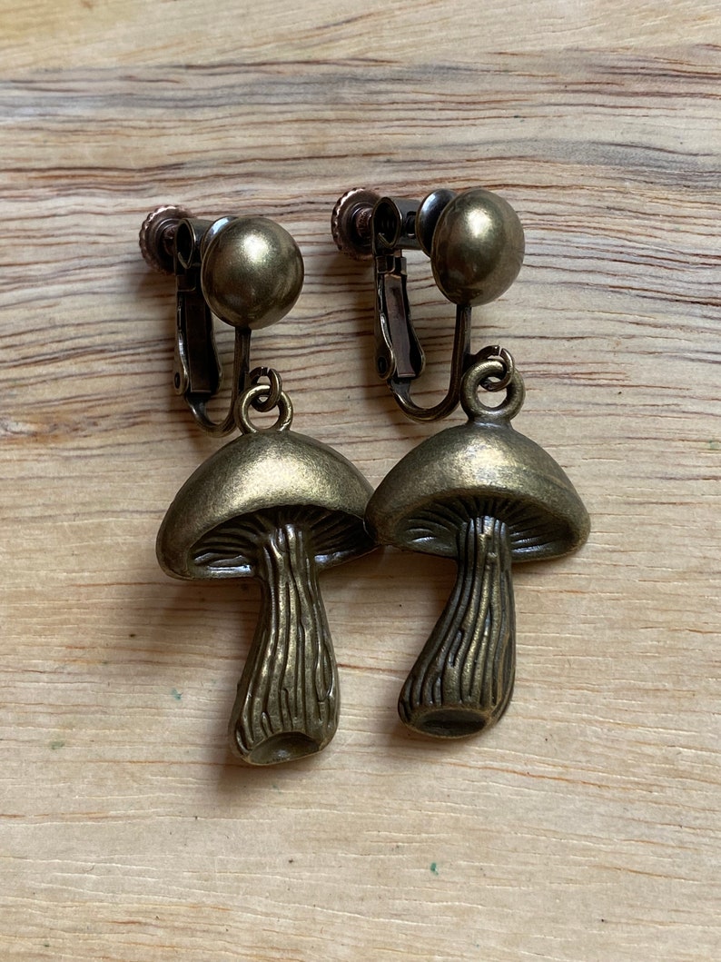 Dangle bronze mushroom clip on earrings, Bronze mushroom earrings on hinged screwback closures no piercing image 1