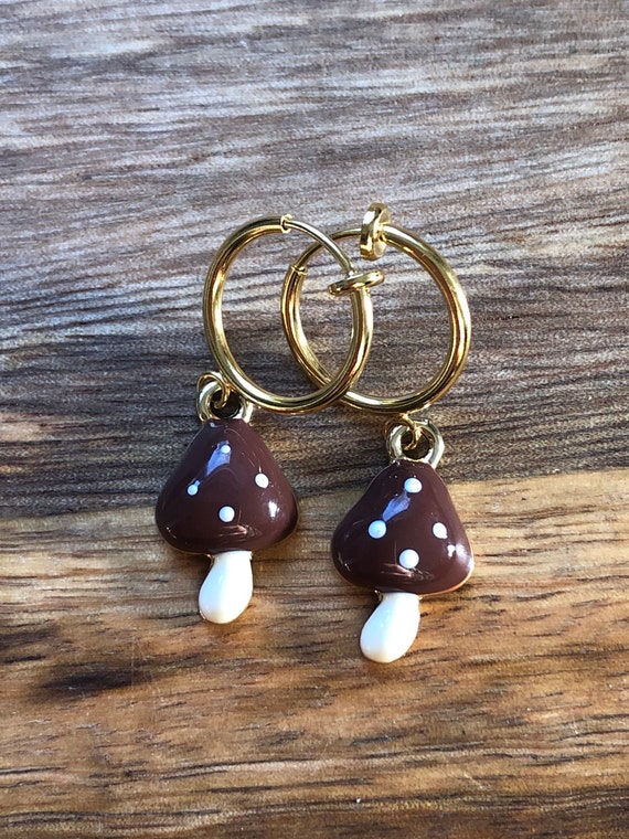 Tiny Mushroom Clip on Earrings on Spring Hoop Clips no Piercing Etsy