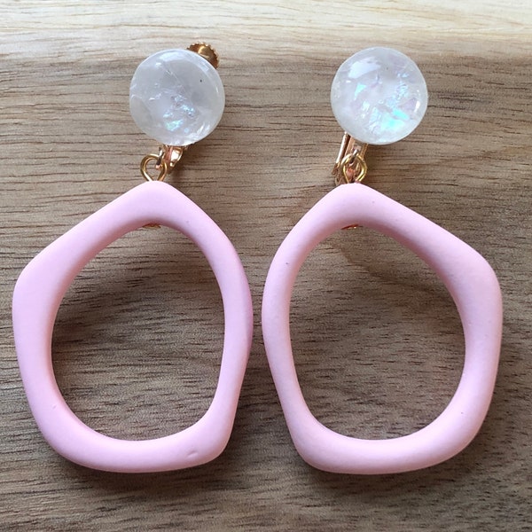 Dangling clip on irregular plastic hoop earrings, pastel dangling hoop earrings