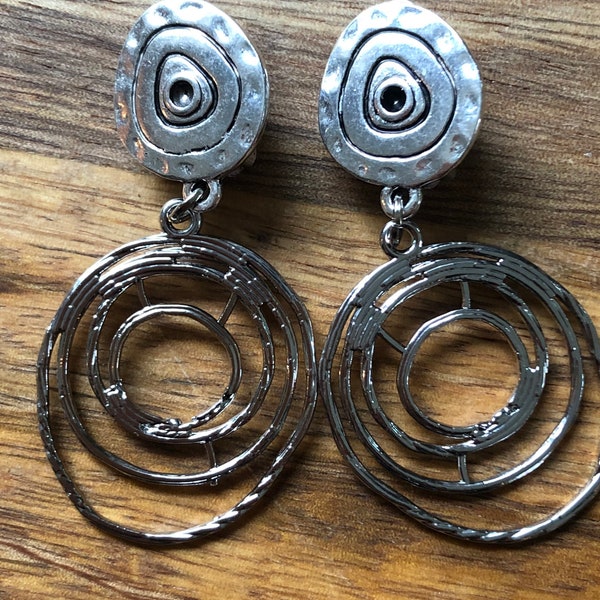 Silver dangling clip on abstract hoop earrings