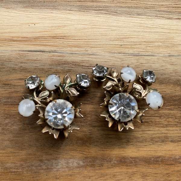 Vintage clip on floral rhinestone and moonglow earrings, extravagant clip on earrings