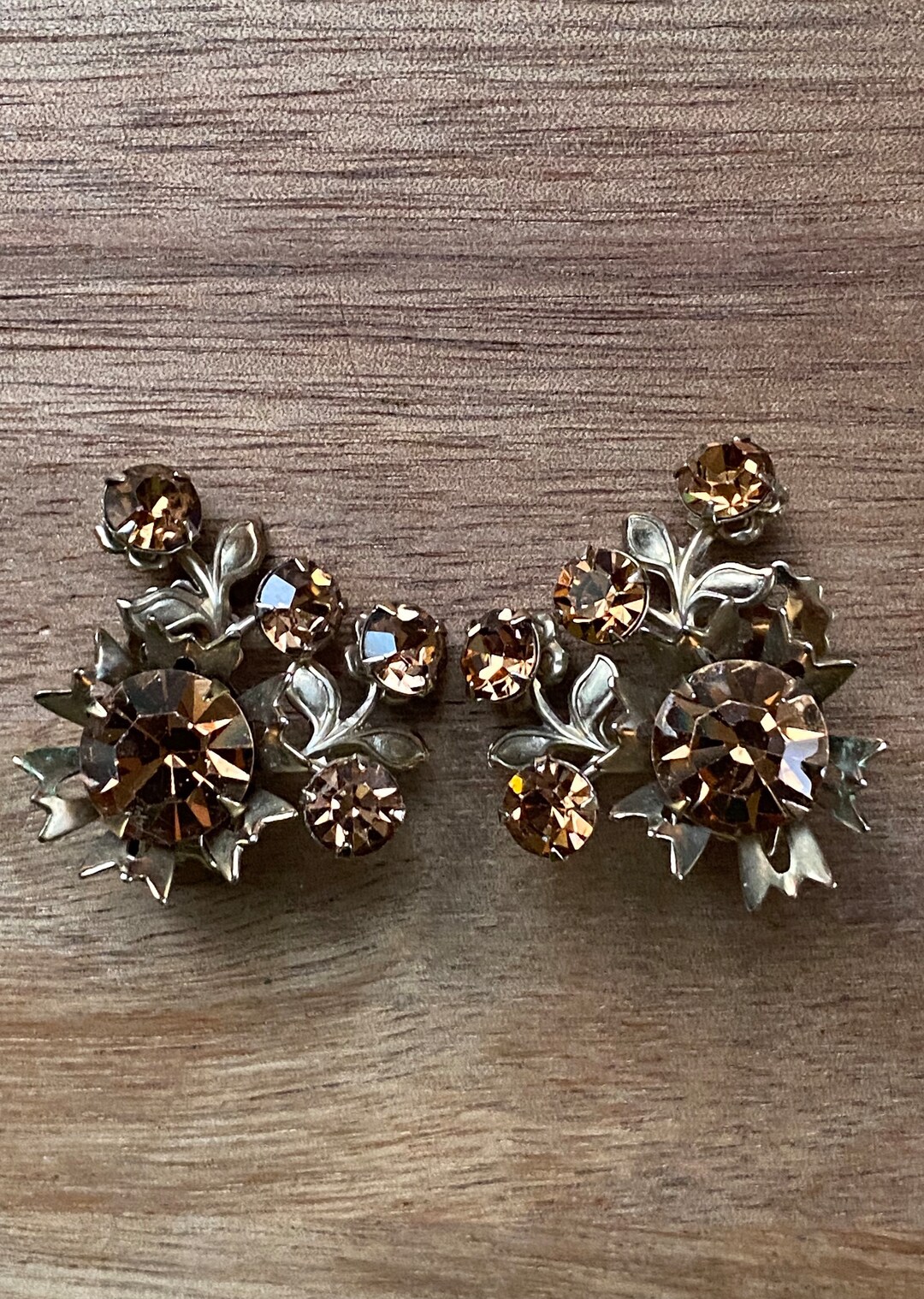 Vintage Brown Rhinestone Clip on Flower Earrings, Rhinestone Flower