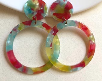 Biggest trendy dangling acetate tortoiseshell hoop clip on earrings