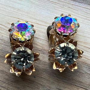 Vintage iridescent ab rhinestone clip on earrings, small rhinestone earrings