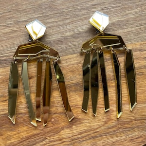 Giant clip on golden modern earrings, huge laser cut earrings