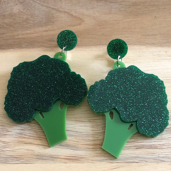 Dangling glitter broccoli clip on earrings