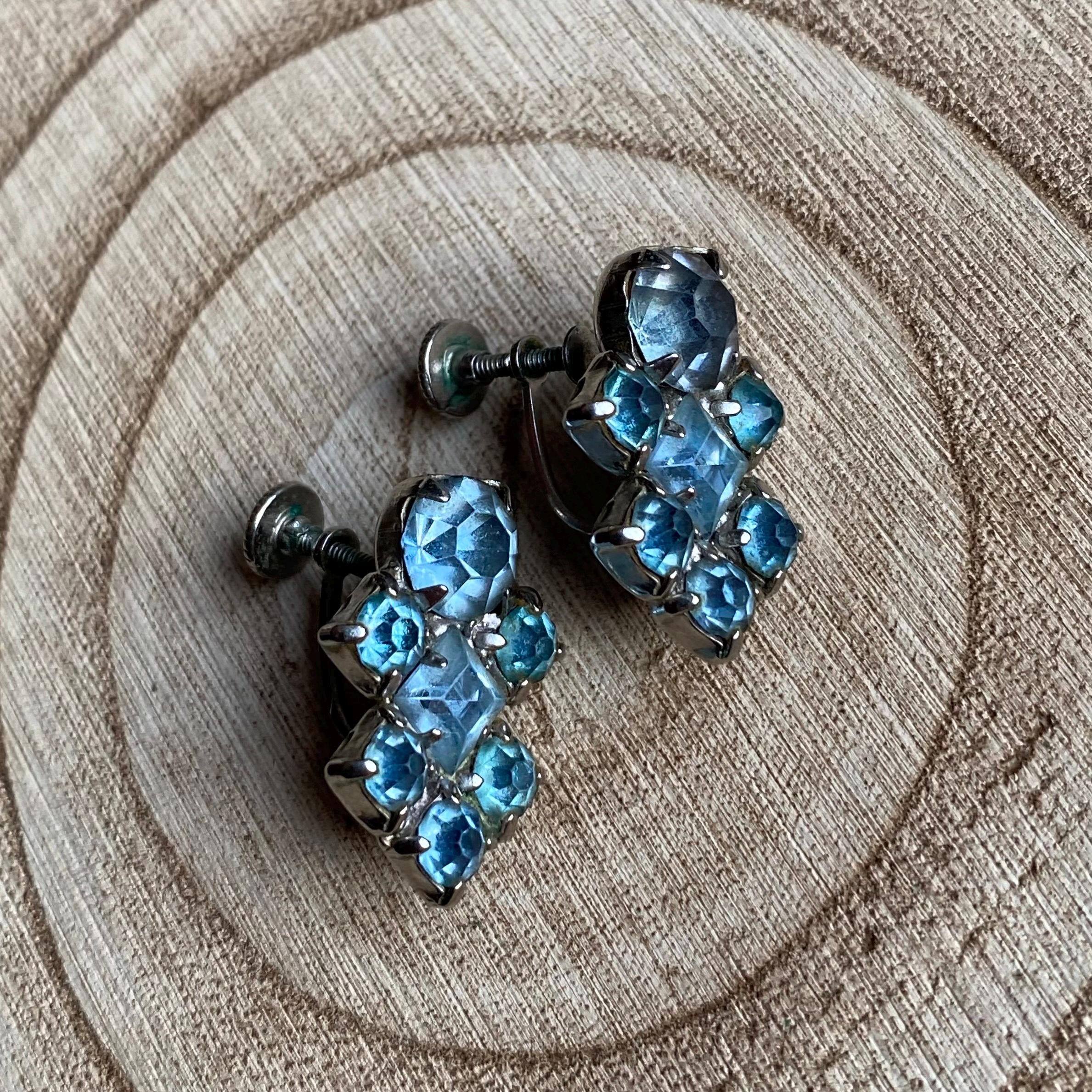 Vintage Blue Rhinestone Fringe Clip Earrings 3.25” Dangle 1960s Vtg Black Clear Rhinestone Waterfall Fringe 3 main image 3