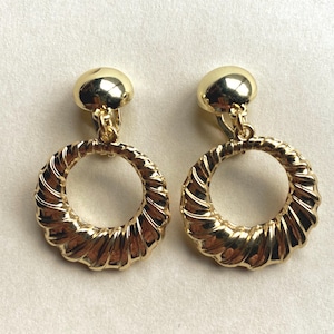 Gold Hoop Clip On Earrings: Twisted Dangle Design