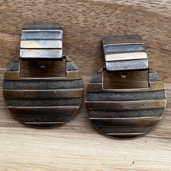 Vintage Clip On striped bronze doorknocker  earrings