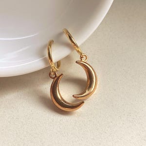Crescent Moon Dangle Earrings: Celestial Spring Hoop or Clip-On