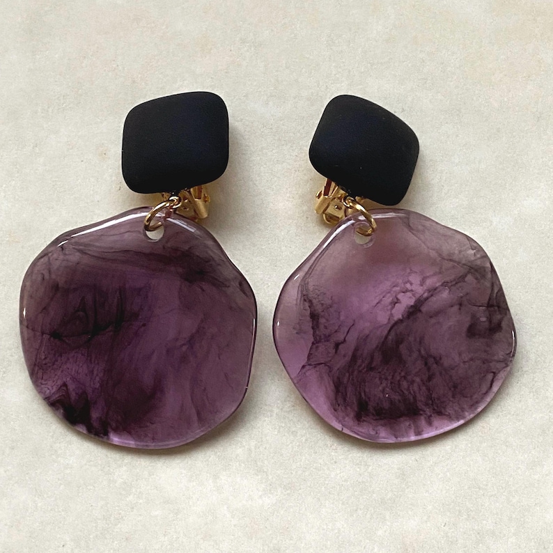 Clip on drop earrings, tortoiseshell, purple, green, blue earrings for unpierced ears image 4