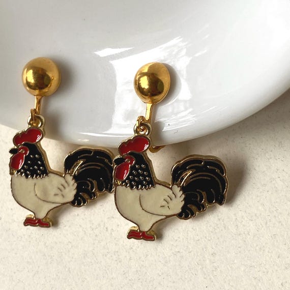 Clip On Barnyard Animal Earrings: Enamel Rooster & Cow Charms