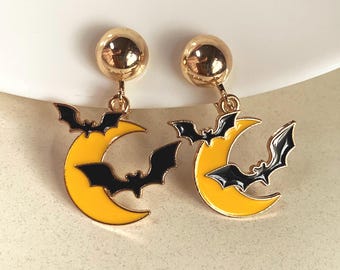 Halloween Clip On Earrings: Dangling Bats, Yellow Crescent Moon