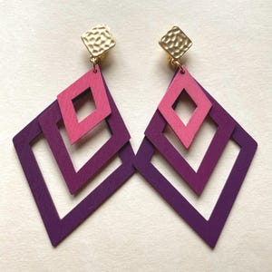 Giant dangling wooden geometric clip on earrings