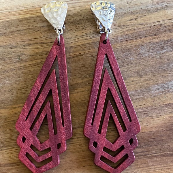 Giant clip on dangling earrings, maroon wooden laser cut drop earrings