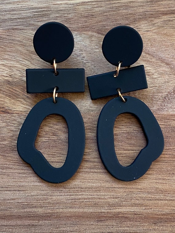 Dangling lightweight black polymer clay  modern clip on earrings (hinged screwback)