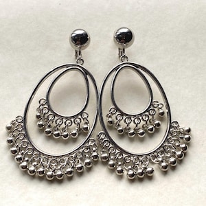 Silver Clip On Jhumka Earrings: Boho Bell Fringe Hoops