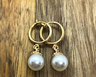 Dangling clip on faux pearl huggie earrings for unpierced ears