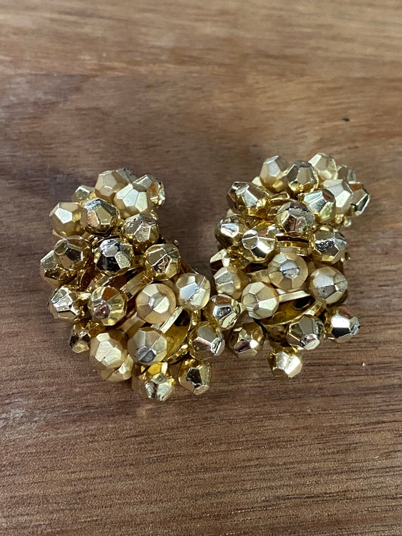 Vintage gold beaded clip on hoop earrings, queen … - image 1