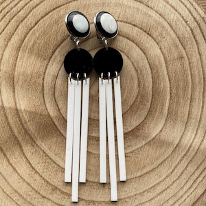 Dangle clip on earrings, black and white geometric earrings