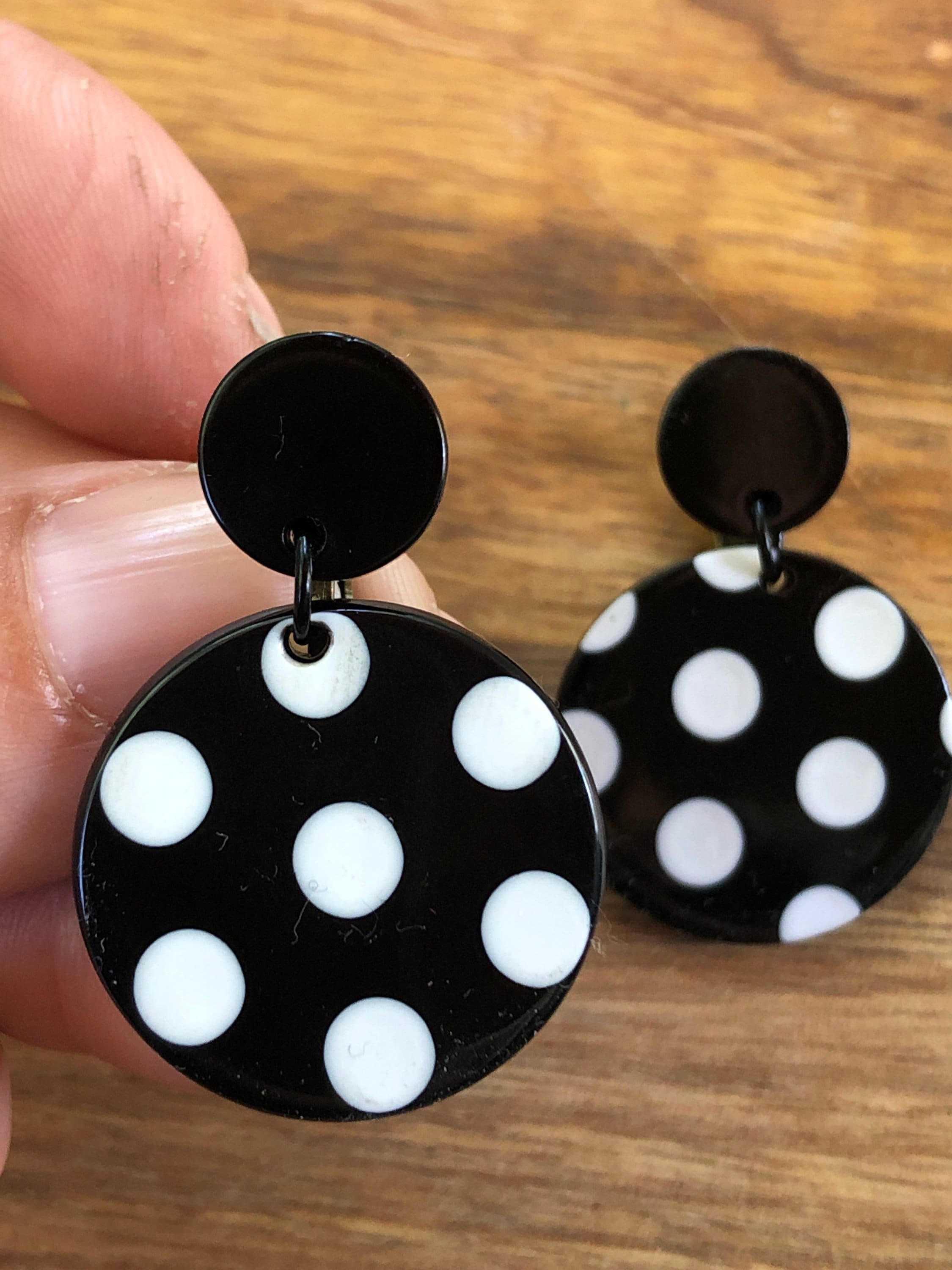 Dangling Black and White Polka Dot Clip On Earrings