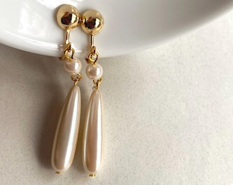 Classic Dangling faux pearl teardrop clip on earrings