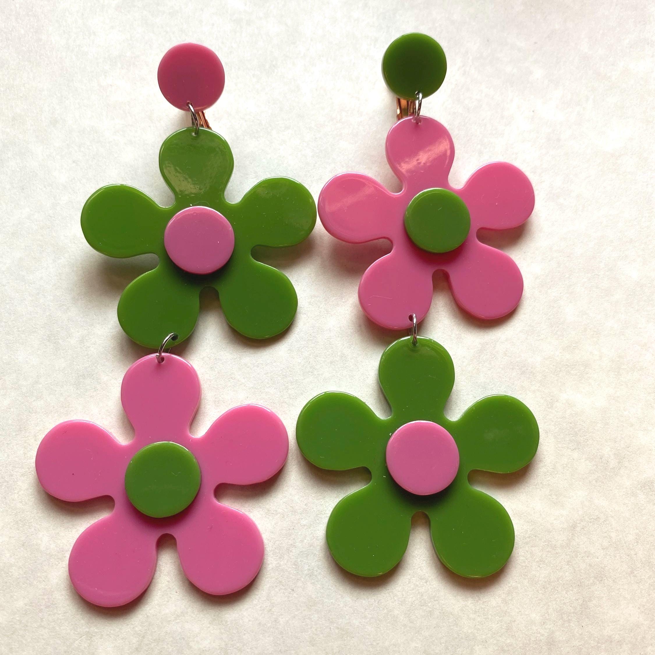 Dangling Clip on Earrings -extra Large Asymmetrical Flowers in
