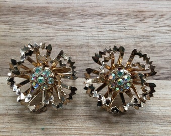 Vintage SarahCov Gold Clip on flower Earrings With Iridescent rhinestones
