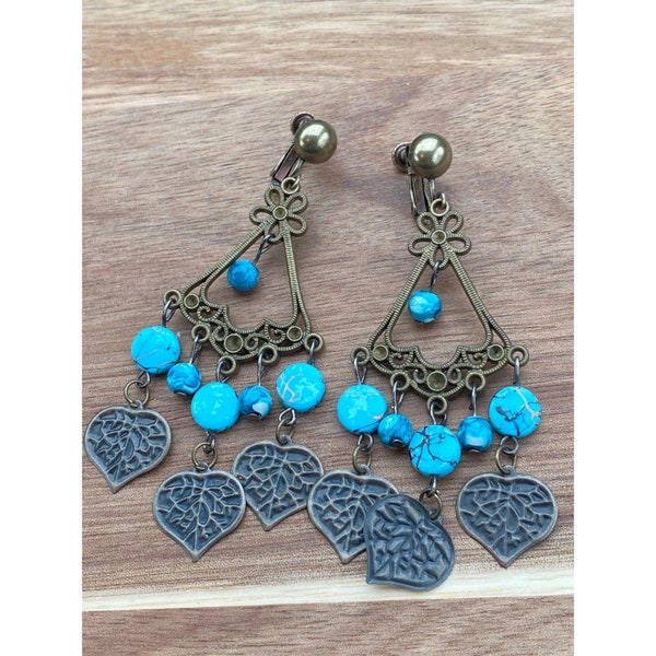 Vintage chandelier clip on earrings turquoise, and bronze leaves(hinged screwback)