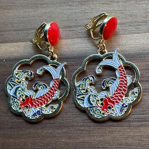 Dangling enamel koi fish clip on earrings (screw back, screw on).