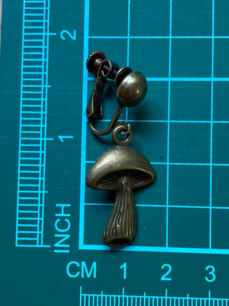 Dangle bronze mushroom clip on earrings, Bronze mushroom earrings on hinged screwback closures no piercing image 5