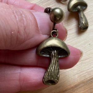 Dangle bronze mushroom clip on earrings, Bronze mushroom earrings on hinged screwback closures no piercing image 2