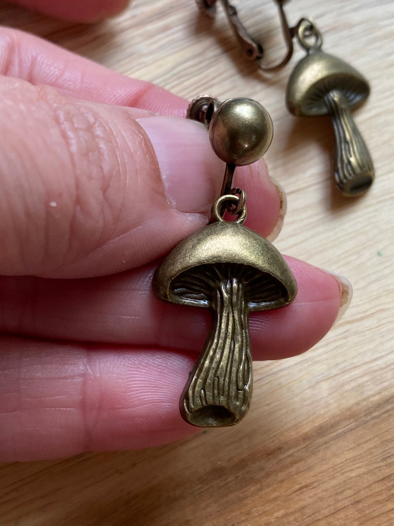 Dangle bronze mushroom clip on earrings, Bronze mushroom earrings on hinged screwback closures no piercing image 2