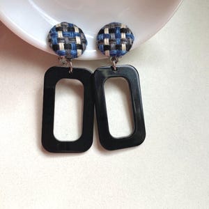 Black or Blue Tweed Fabric Button Hoop Clip On Earrings, Modern Dangling Design